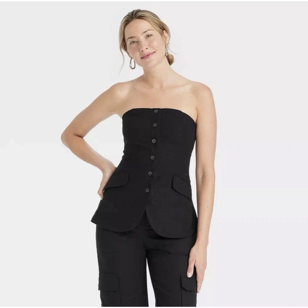 Universal Thread™  Women's Strapless Button-Down Top Linen Black Size M